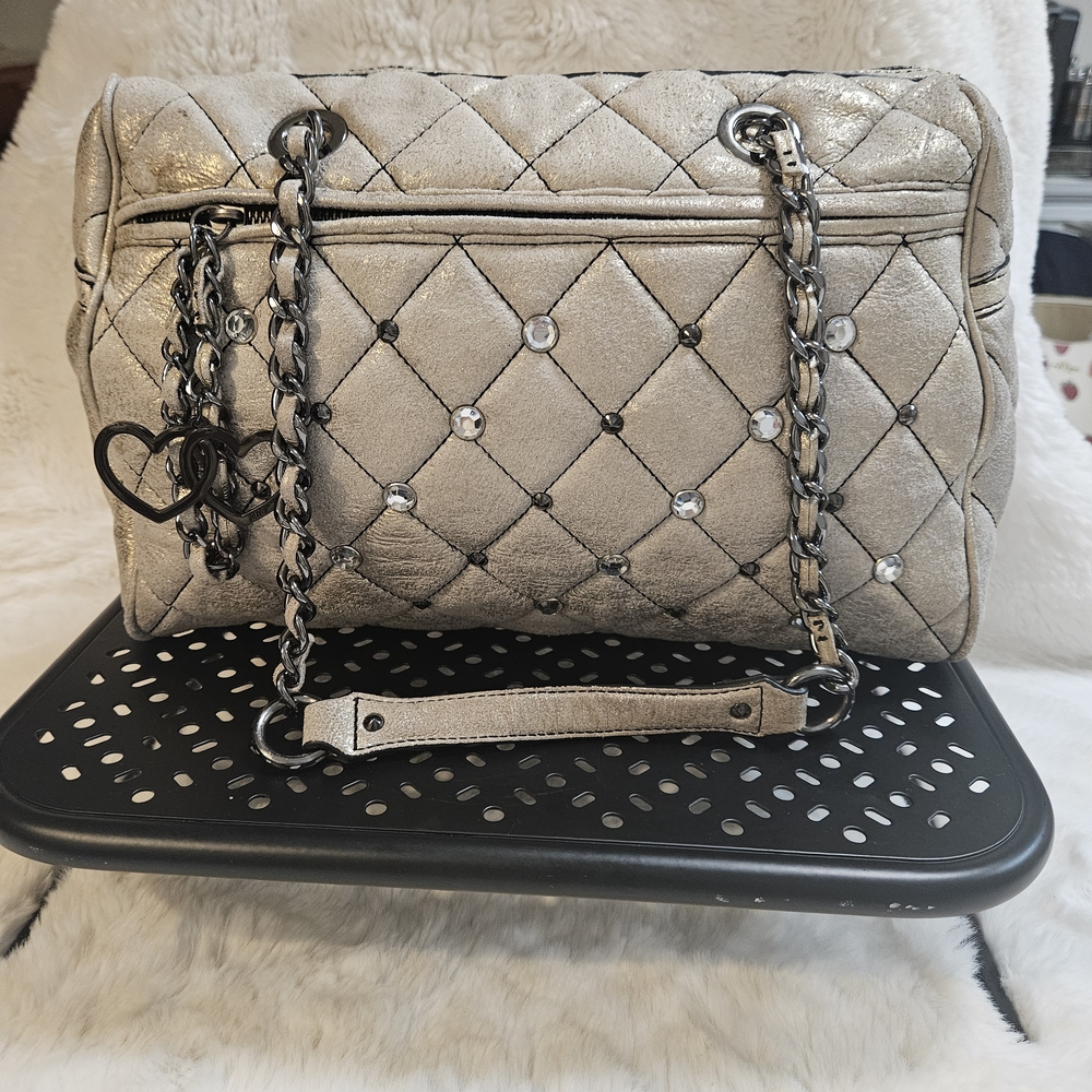 Betsey Johnson 100% Genuine Leather Gold Quilted Satchel Leopard Lining
